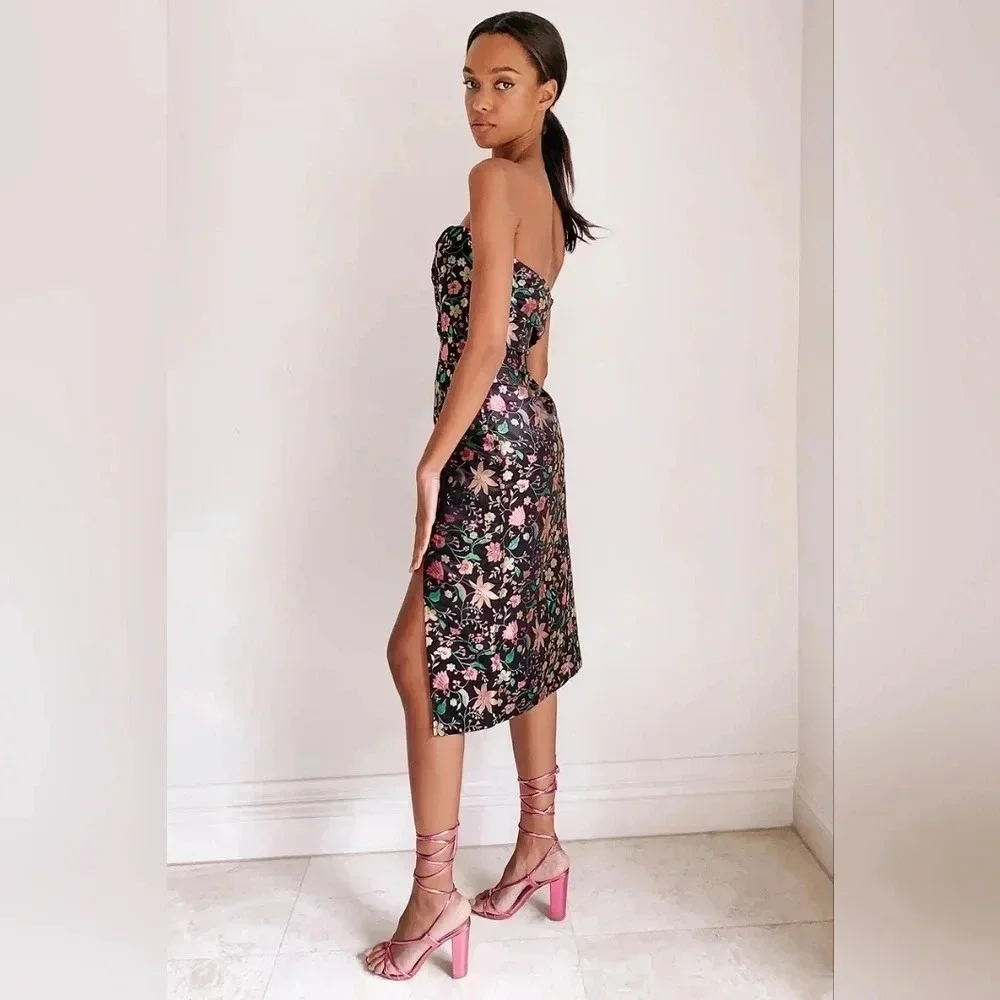 Lulu's Make a Move Black Satin Floral Jacquard Strapless Midi Dress Party - Picture 4 of 10
